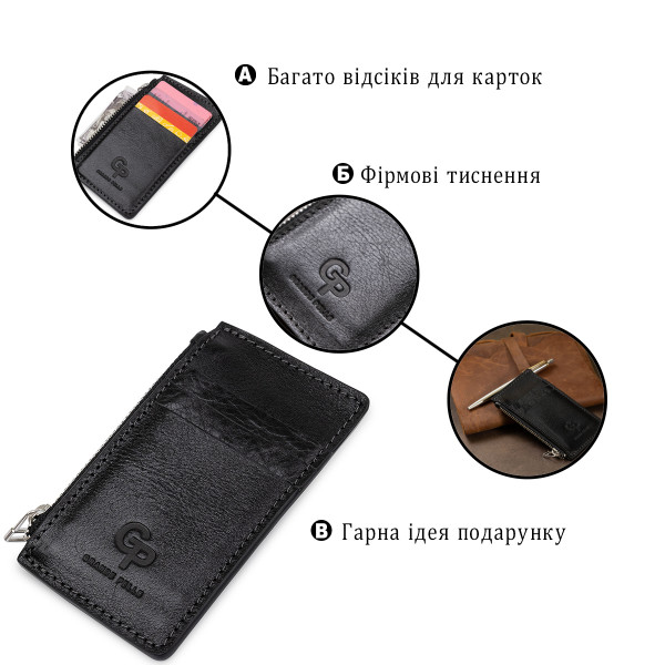 Кожаный небольшой картхолдер GRANDE PELLE 11399 Черный