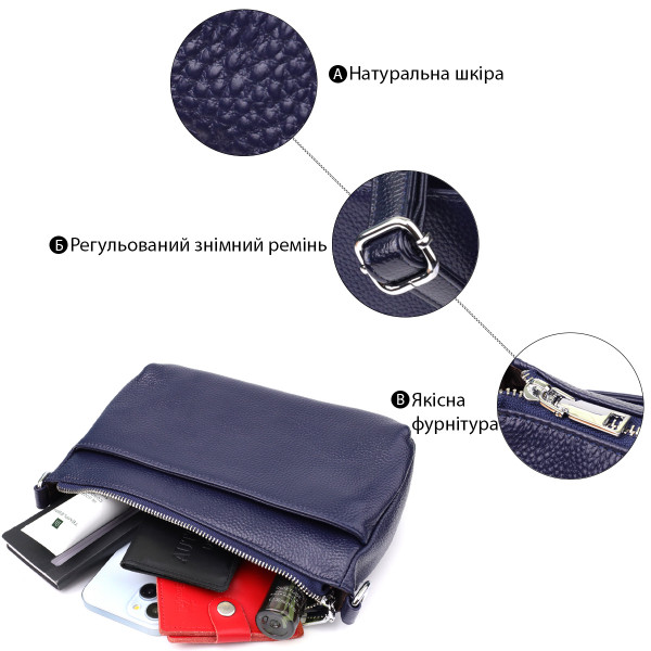 Элегантная женская сумка из натуральной кожи с двумя ремешками Vintage 22928 Синий