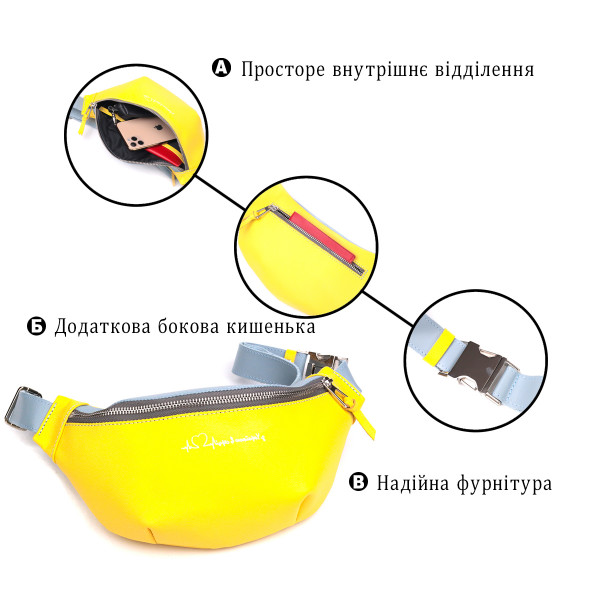 Патриотическая кожаная сумка-бананка комби двух цветов Сердце GRANDE PELLE 16760 Желто-голубая