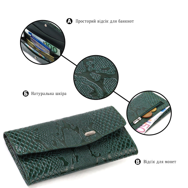 Женское лакированное портмоне из натуральной кожи с тиснением под змею CANPELLINI 21694 Зеленое