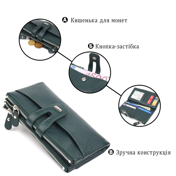 Вместительный кошелек из натуральной зернистой кожи CANPELLINI 21633 Зеленый