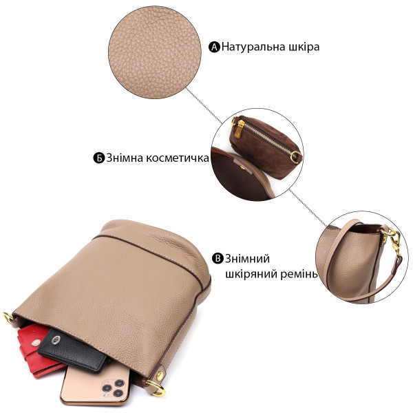 Женская сумка с автономной косметичкой внутри из натуральной кожи Vintage 22364 Бежевая