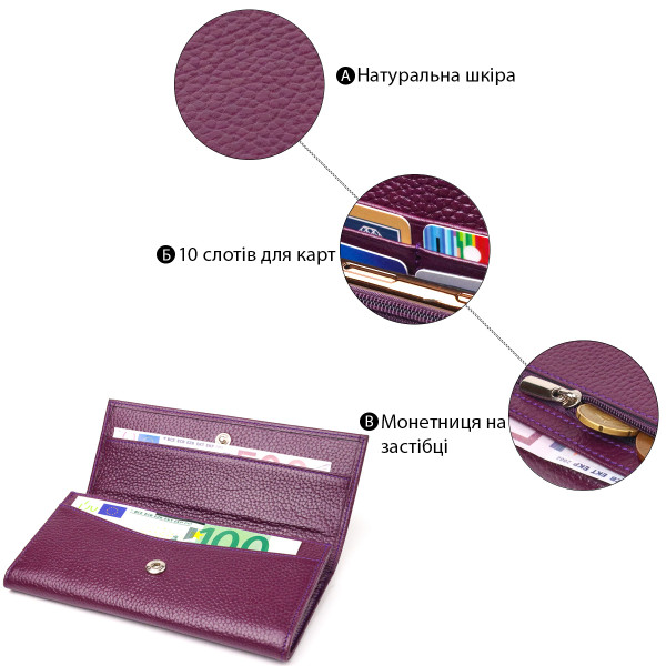 Женский вместительный кошелек из натуральной зернистой кожи CANPELLINI 21630 Фиолетовый