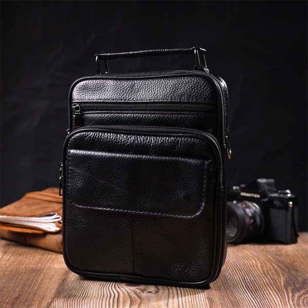 Интересная вертикальная мужская сумка из натуральной кожи Vintage 21953 Черная