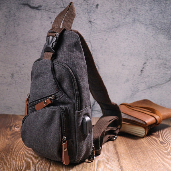 Мужская сумка через плечо с USB кабелем текстильная 21221 Vintage Черная