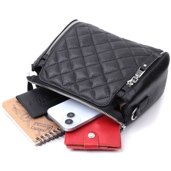 Трендовая сумка для женщин в ромбы из натуральной кожи Vintage 22667 Черная