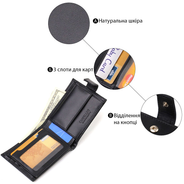Классическое портмоне для мужчин из натуральной гладкой кожи CANPELLINI 21882 Черное